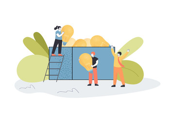Poster - employees putting light bulbs in box for happy businessman. suggestions and new idea from tiny man a