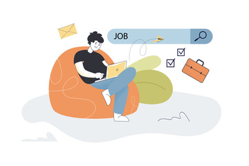 Wall Mural - man looking for job using online search bar in browser. tiny unemployed person sitting in chair with