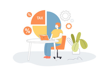 Wall Mural - Corporate accountant planning budget, income and tax. Tiny man sitting at desk with laptop, pie chart flat vector illustration. Taxation concept for banner, website design or landing web page