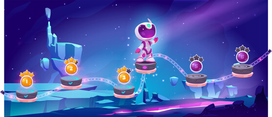 Poster - space game, mobile arcade with astronaut jump on platforms with bonus and asset items on alien plane