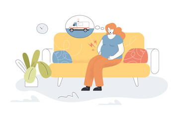 Pregnant in labor pains thinking about calling ambulance. Woman sitting on sofa at home holding belly flat vector illustration. Pregnancy, birth concept for banner, website design or landing web page