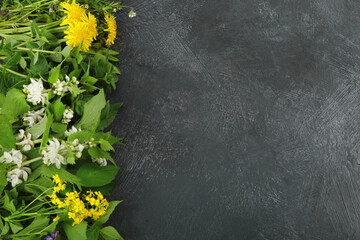 Canvas Print - Edible plants and flowers on a dark background.