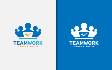 Poster - Teamwork Group Kingdom Logo Design. Abstract Crown Combined with People Team and Laptop Design Concept.