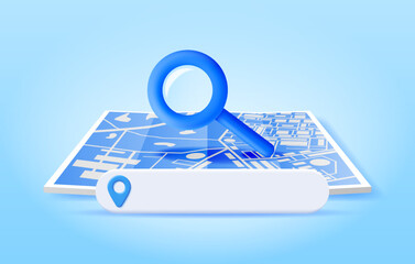 Poster - 3D Location Folded Paper Map, Search Bar and Pin Isolated. Blue GPS Pointer Marker Icon. GPS and Navigation Symbol. Element for Map, Social Media, Mobile Apps. Realistic Vector Illustration