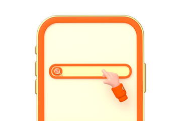 Poster - Internet search bar on mobile phone. Website template with elements of online search, empty field with magnifier icon and hand cursor on smartphone with orange frame, 3d render illustration