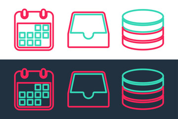 Poster - Set line Database, Calendar and Social media inbox icon. Vector