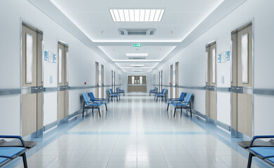 Long white hospital corridor with rooms and seats 3D rendering. Empty accident and emergency interior with bright lights lighting the hall from the ceiling