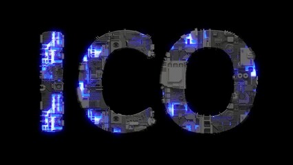 Poster - metal scrap cyberpunk text ICO with electric light and animated surface, isolated - loop video