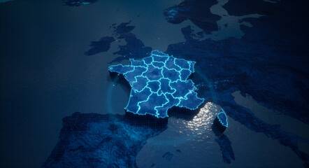 Poster - Abstract  geometric futuristic concept 3d Map of France with borders as scribble,  blue neon style. 3d rendering