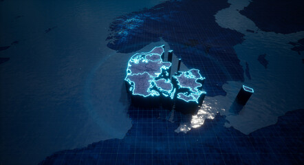 Poster - Abstract  geometric futuristic concept 3d Map of Denmark with borders as scribble,  blue neon style. 3d rendering