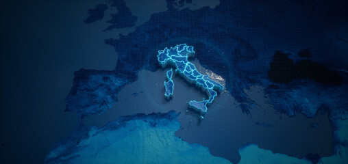 Abstract  geometric futuristic concept 3d Map of Italy with borders as scribble,  blue neon style. 3d rendering