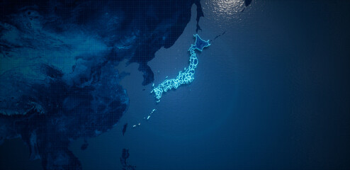 Poster - Abstract  geometric futuristic concept 3d Map of Japan with borders as scribble,  blue neon style. 3d rendering