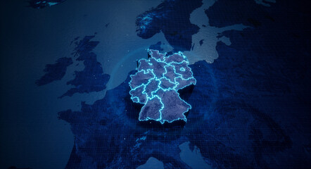 Poster - Abstract  geometric futuristic concept 3d Map of Germany with borders as scribble,  blue neon style. 3d rendering