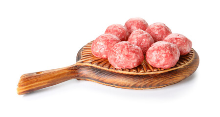 Wall Mural - Cutting board with raw meat balls on white background