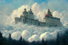 The Castle In The White Clouds. A Mirage In The Sky. Concept Art Scenery. Book Illustration. Video Game Scene. Serious Digital Painting. CG Artwork Background.