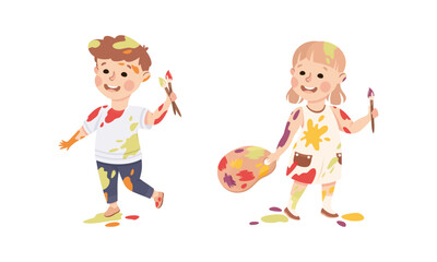 Sticker - Happy boy and girl stained hands, faces and clothes with color paints cartoon vector illustration i