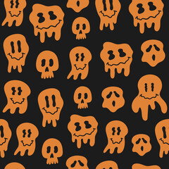 Wall Mural - Hippie groovy melting smile faces on a black background. Funny Halloween seamless pattern. Meltdown emotional icons retro print 
