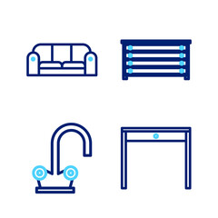 Sticker - Set line Wooden table, Water tap, Chest of drawers and Sofa icon. Vector