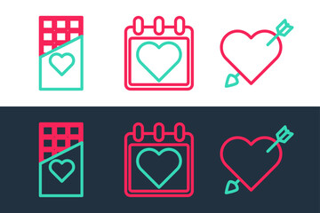 Poster - Set line Amour with heart and arrow, Chocolate bar and Calendar icon. Vector