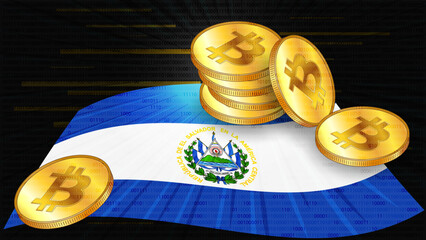 Wall Mural - Stacks of gold coins of Bitcoin BTC on El Salvador colored flag on dark digital background. Central Bank of El Salvador has passed laws on digital assets CBDC.