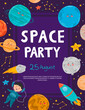 Space party cartoon flyers, invitation to music show with astronaut dj with turntable in open space, spaceman mixing techno sounds, cosmos, galaxy posters free drinks and parking Vector illustration.