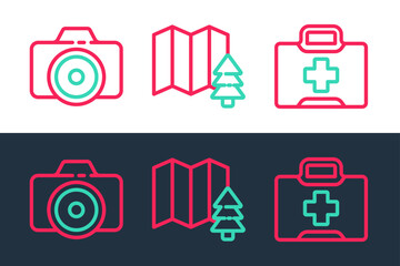 Sticker - Set line First aid kit, Photo camera and Location of the forest icon. Vector