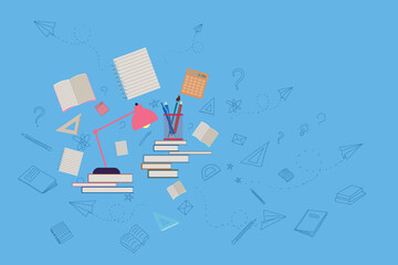 Poster - Creative digital back to school banner with items on blue backdrop. Education, school and college concept. 3D Rendering.