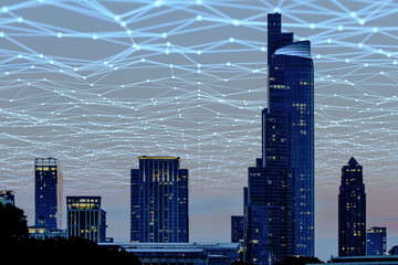 Poster - Abstract polygonal mesh city skyline background. Smart city and web network concept. Double exposure.