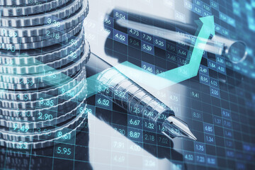 Poster - stacked coins and pen with creative glowing forex chart and arrows on index grid hologram, blurry background. Trade, financial growth, analytics, workplace and market concept. Double exposure.