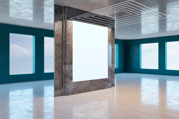 Aufkleber - Modern gallery interior with mock up poster on marble wall, windows with daylight and reflections. Museum concept. 3D Rendering.