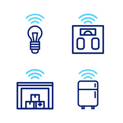 Wall Mural - Set line Smart refrigerator, warehouse, bathroom scales and light bulb icon. Vector