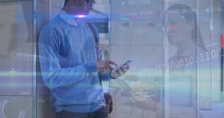 Poster - Animation of binary data, coding, flare over man using cellphone and coworkers discussing in office