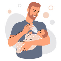 A bearded man feeds a newborn baby with milk from a bottle. Portrait of a caring father with a baby in his arms. Concept of parental leave and child care. Flat style. Vector isolated on white bg. 