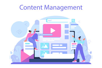 Poster - Content manager concept. Idea of digital strategy and content production
