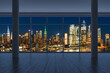 Midtown New York City Manhattan Skyline Buildings from High Rise Window. Beautiful Expensive Real Estate. Empty room Interior Skyscrapers View Cityscape. Night. Hudson Yards West Side. 3d rendering