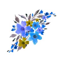 Watercolor Floral Bouquet, Blue Wildflower. Leaves And Branches, Wedding Design, Isolated On White Background