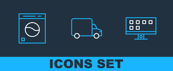 Sticker - Set line Smart Tv, Washer and Delivery cargo truck icon. Vector