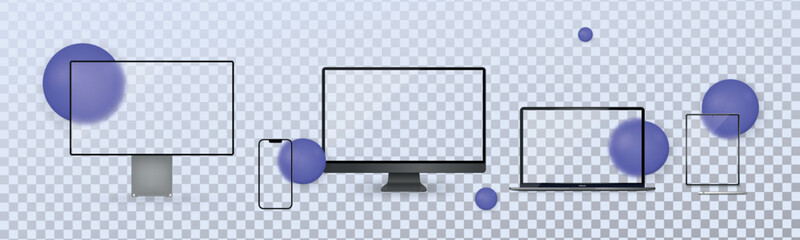 Poster - Realistic set of Monitor, laptop, tablet, smartphone dark grey color - Stock Vector.