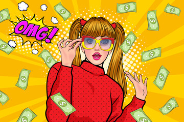 surprise business woman successful and shocking with Falling Money say WOW OMG Pop art retro comic style