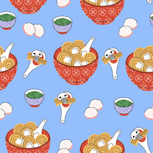 Bowl Ramen Noodle With Tofu, Spoon Of Soup With Mushrooms, Eggs, Souse. Seamless Pattern. Traditional Asian Food. Hand Drawn Color Vector Illustration Isolated On Blue Background. Flat Cartoon Style