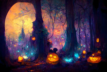 Glowing Pumpkin Heads In Dark Halloween Magic Forest, Neural Network Generated Art. Digitally Generated Image. Not Based On Any Actual Scene Or Pattern.