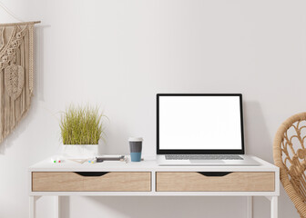 Laptop with blank white screen, on white table at home. Computer mock up. Free, copy space for app, game, web site presentation. Empty laptop screen ready for your design. Modern interior. 3D render.