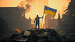 Leinwandbild Motiv Ukrainian War Civilian Soldier Man Holding Ukraine Flag amid Destruction Devastation Piece Talks Rebuilding Renew Violence Invasion Resistance Concept 3D illustration