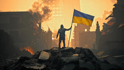 Ukrainian War Civilian Soldier Man Holding Ukraine Flag amid Destruction Devastation Piece Talks Rebuilding Renew Violence Invasion Resistance Concept 3D illustration