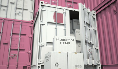 Wall Mural - Boxes with goods from Qatar and cargo containers. National economy related conceptual 3D rendering