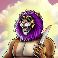 Mascot Of A Dangerous Lion With Glasses And A Knife In His Hand