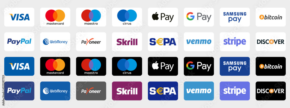 Payment Method Buttons Online payment methods button set, brand logo : Paypal, Visa ...