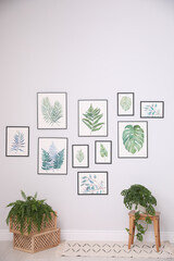 Wall Mural - Beautiful paintings of tropical leaves on white wall in living room interior