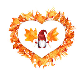 Wall Mural - Character gnome in autumn leaves wreath heart shape. Natural frame with yellow plants , magical scandinavian dwarf. Watercolor autumn card design