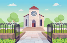 Catholic Church Building With Open Gate. Facade Of Cathedral. Religious Architecture Exterior In Cartoon Style. Vector Illustration